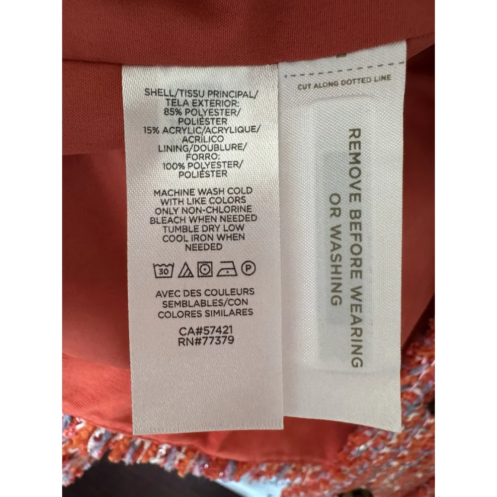 Ann Taylor Tweed Jacket 12Tall Fringe Edge Orange Spark Lined Decorative Buttons - Picture 10 of 11